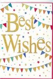 On this cheerful congratulations card, the message Best Wishes gleams proudly in the centre, written in smooth, looping golden script that appears to shimmer as it catches the light. The slightly embossed letters have a tactile richness, reminiscent of sunlight catching on fresh ribbon in a Camberwell florist's window. All of this sits on a pure white background that feels fresh and open, giving space for the design to breathe. Above and below the central text, strands of colourful bunting curve gracefully, framing the words like celebratory garlands hung across a cosy Camberwell street for a neighbourhood party. Each tiny flag is individually coloured and patterned-vibrant blues, punchy reds, grassy greens, and warm yellows, decorated with stripes, polka dots, and mosaic-style shapes that keep the eye wandering from one detail to the next. Between these sweeping lines of bunting, small stars and scattered confetti dots create the sense that someone has just tossed a handful of joy into the air. Some stars explode into little bursts, others sit quietly, while the dots drift across the card in varying sizes and shades, adding playful motion without crowding the scene. The harmony between the crisp white space, the opulent gold lettering, and the lively colours makes the card feel both polished and heartfelt. The overall impression is one of optimism and shared excitement, perfect for celebrating an exam success, a new role in one of the creative spaces around Camberwell, or a couple moving into their first home near Burgess Park. It's easy to imagine this card tucked among fresh blooms on a same-day delivery across SE5, carrying a warm, genuine wish for the future.